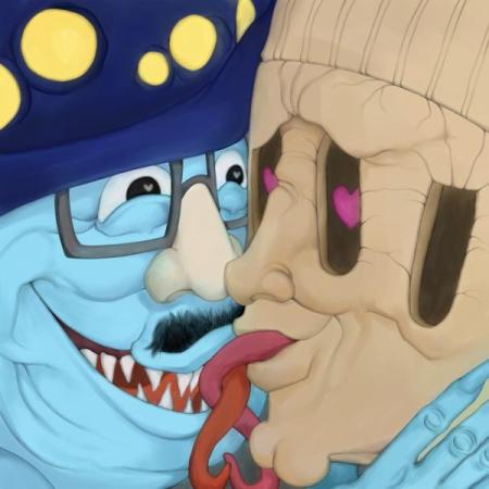 Digital illustration of Gaucho Marks and Nexustentialism's logos passionately making out